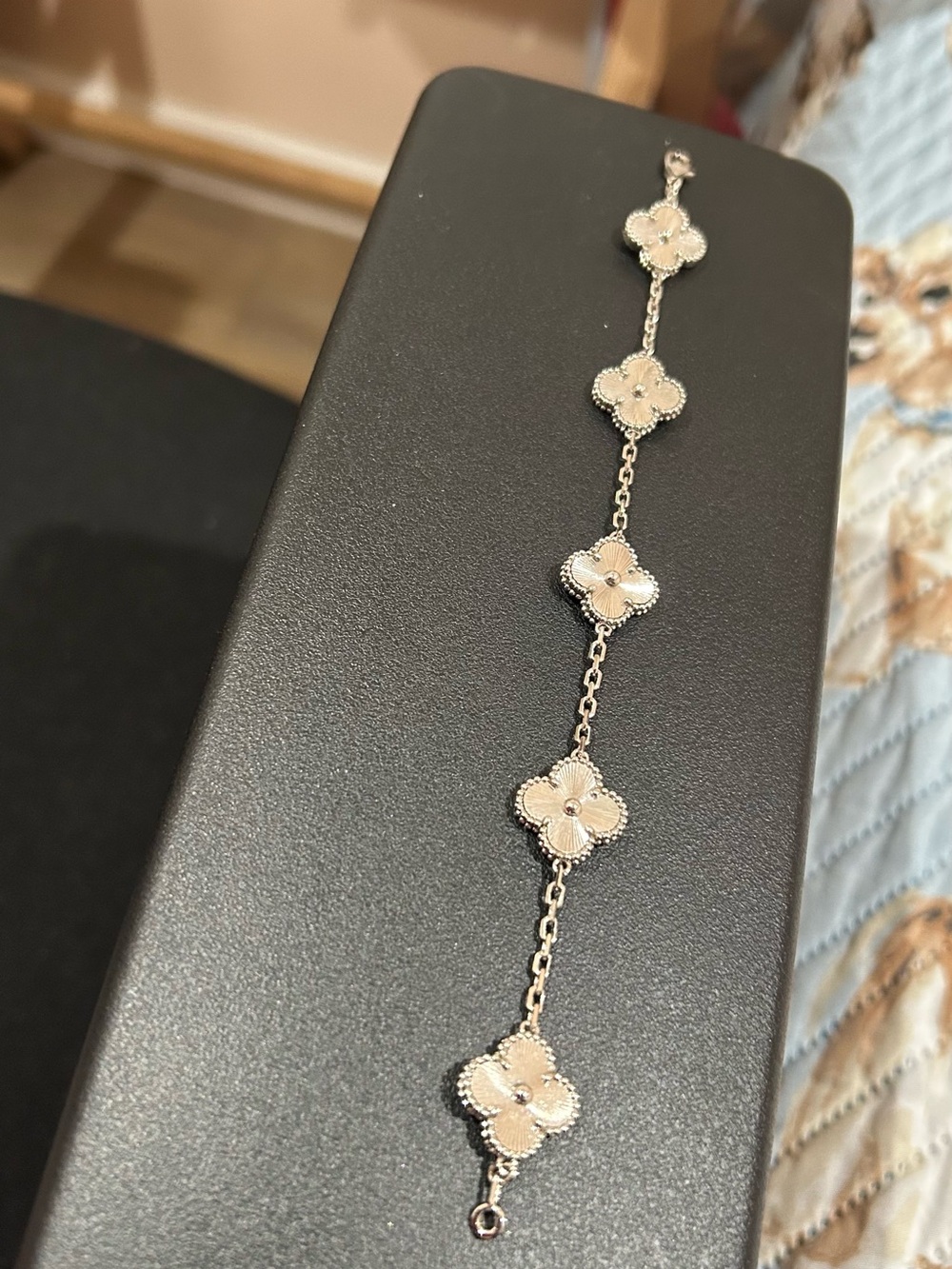 Silver Four-Leaf Flower Link Bracelet with White Accents